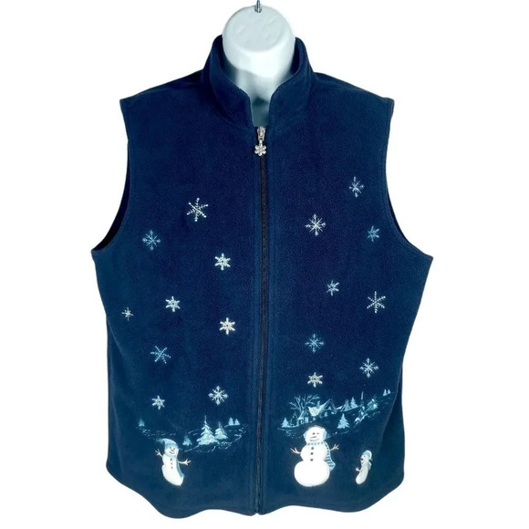 Carroll Reed Fleece Vest, Navy  Blue, Snowmen, L - Picture 1 of 7